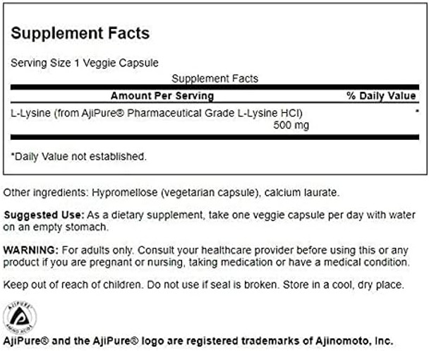Swanson Amino Acid Ajipure L-Lysine Pharmaceutical Grade 500 Milligrams 90 Veg Capsules Swanson Amino Acid Ajipure L-Lysine Pharmaceutical Grade 500 Milligrams 90 Veg Capsules