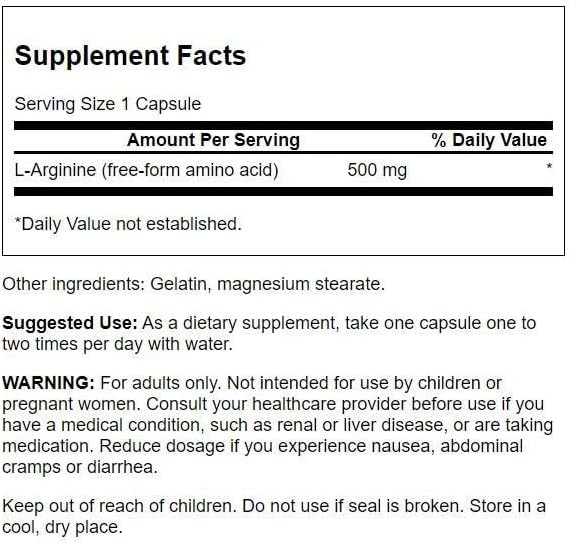 Swanson Amino Acid L-Arginine 500 Milligrams 100 Capsules (4 Pack)