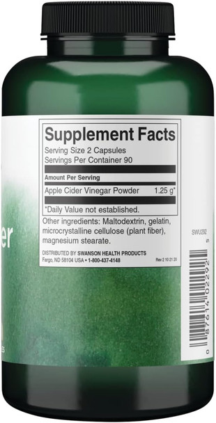 Swanson Apple Cider Vinegar Capsules - Supports Healthy Weight Loss & Digestive Health - Helps Support Metabolism and Maintain Glucose Profile - (180 Capsules 625mg Each) 2 Pack