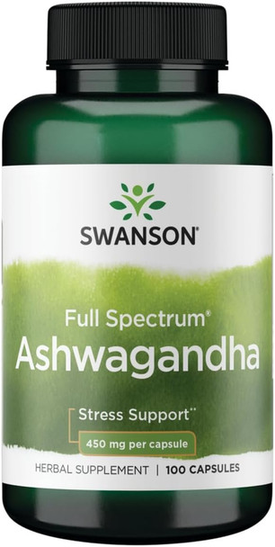 Swanson Ashwagandha Powder Supplement-Ashwagandha Root & Aerial Parts Supplement Promoting Stress Relief & Energy Support-Ayurvedic Supplement for Natural Wellness (100 Capsules 450mg Each)