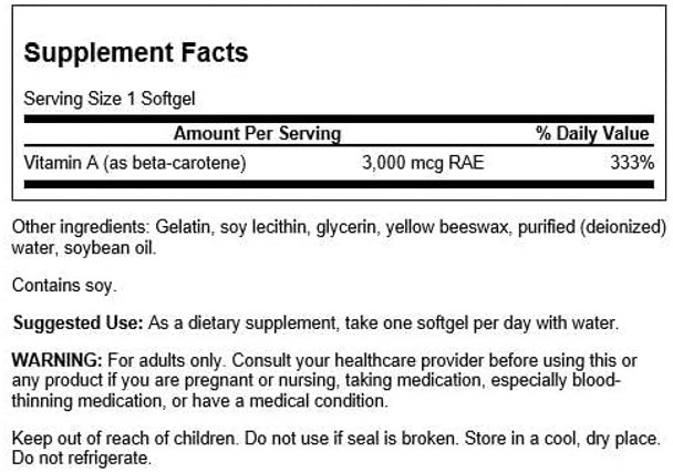Swanson Beta-Carotene - Vitamin A Supplement Promoting Immune Health Eye & Skin Health - Natural Wellness Formula - (250 Softgels 3000mcg Each)