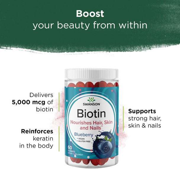 Swanson Biotin Gummies - Daily Supplement Promoting Energy Production & A Healthy Body - All Natural Formula to Help Healthy Hair Skin and Nails - (Blueberry 60 Gummies)