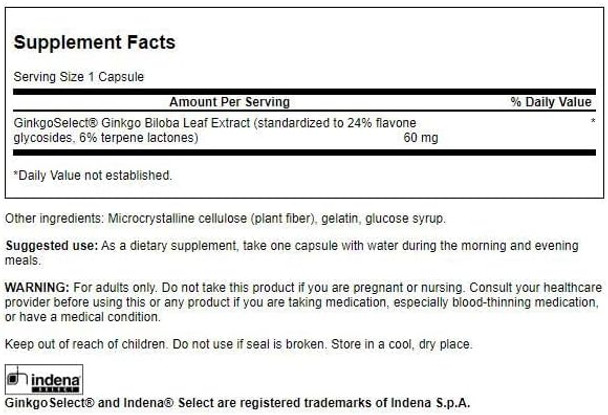 Swanson Ginkgo Biloba (Standardized) 60 Milligrams 120 Capsules