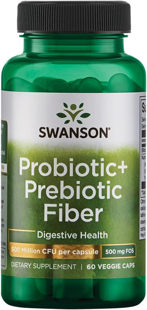 Swanson Prebiotic + Probiotic Fiber - Natural Supplement Promoting Digestive System & Immune Health Support - Aids Regularity & GI Tract Health - (60 Capsules 500 Million CFU Each)