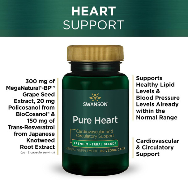Swanson Pure Heart Cardiovascular Circulatory Health Antioxidant Resveratrol Blood Pressure Cholesterol Support Herbal Supplement 60 Veggie Capsules (Veg Caps) Vegan