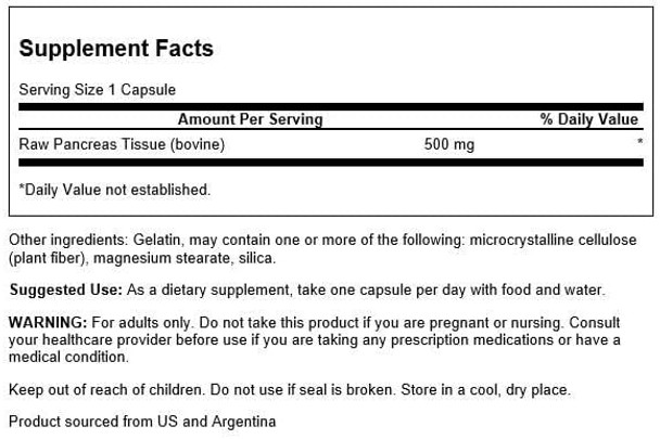 Swanson Raw Pancreas Glandular 500 Milligrams 60 Capsules