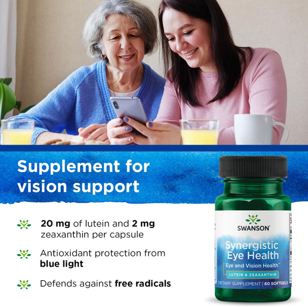 Swanson Synergistic Eye Health - Lutein and Zeaxanthin Supplement - 60 Softgels - Lutemax Lutein 20 mg and OmniXan Zeaxanthin 2 mg for Vision Support
