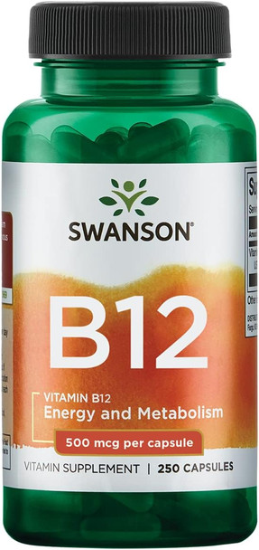 Swanson Vitamin B12 (Cyanocobalamin) - 500mcg Each 250 Capsules - Energy Nervous System and Overall Wellness Support