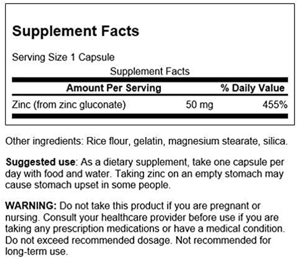Swanson Zinc Gluconate - Mineral Supplement Promoting Prostate Health Vision Health & Immune Support - Gluconate Form for Optimal Absorption - (250 Capsules 50mg Each)