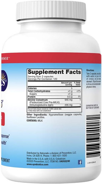 Symbiotics Symbiotics Colostrum 120ct Vegetable Capsules - Immunity Support - Lactoferrin Supplement & Colostrum Protein with Immunoglobulin - 25% lgG Antibodies - Gluten