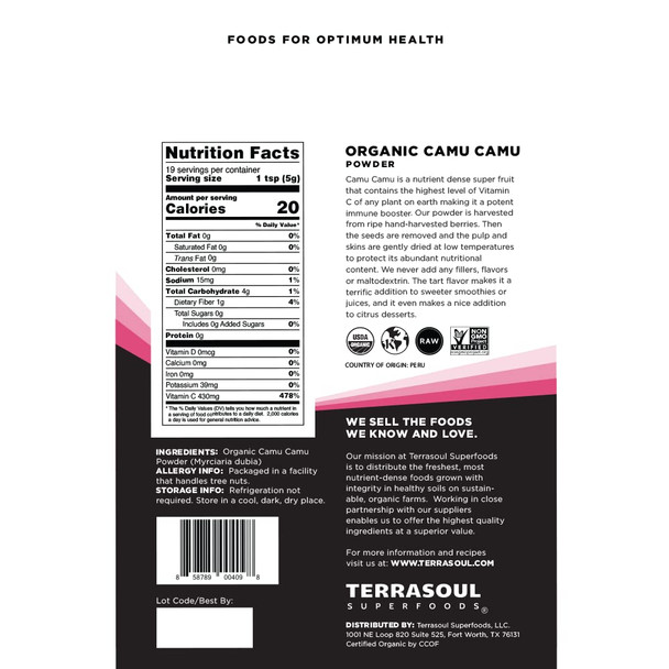 Terrasoul Superfoods Organic Camu Camu Powder 3.5 Oz ian Superfruit for Immune Support Smoothie Boost and Vitamin C Antioxidant-Rich Recipes