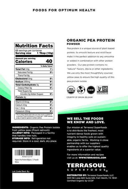 Terrasoul Superfoods Organic Pea Protein 1.5 Lbs - European Sourced | Unflavored | Smooth Texture