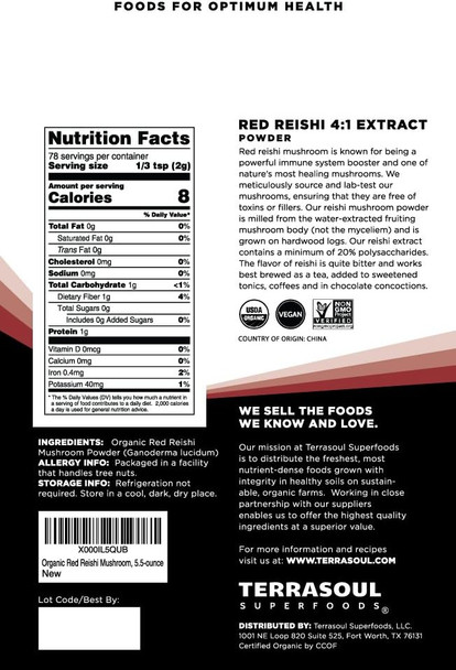 Terrasoul Superfoods Organic Reishi Mushroom Powder (4:1 Extract) 5.5 Oz Immune Support Stress Relief Better Sleep Embrace The Power of Adaptogenic Mushrooms