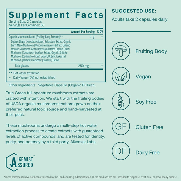True Grace Mushroom Myco-Re Blend Daily Immune Support - 120 Count Capsules - Organic