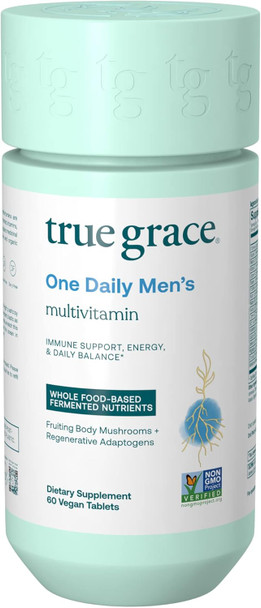 True Grace One Daily Men’s Multivitamin Fermented Minerals Organic Adaptogens & Mushrooms Whole Body Balance Immune Endurance Bone & Heart Support - Non-GMO Gluten - 60 Vegan Tablets
