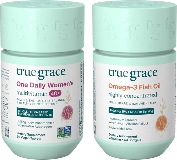 True Grace One Daily Women’s Multivitamin 40+ (30 Vegan Tablets) & Omega-3 Fish Oil (60 Softgels) - Gluten Soy Organic - 30-Day Supply of Each