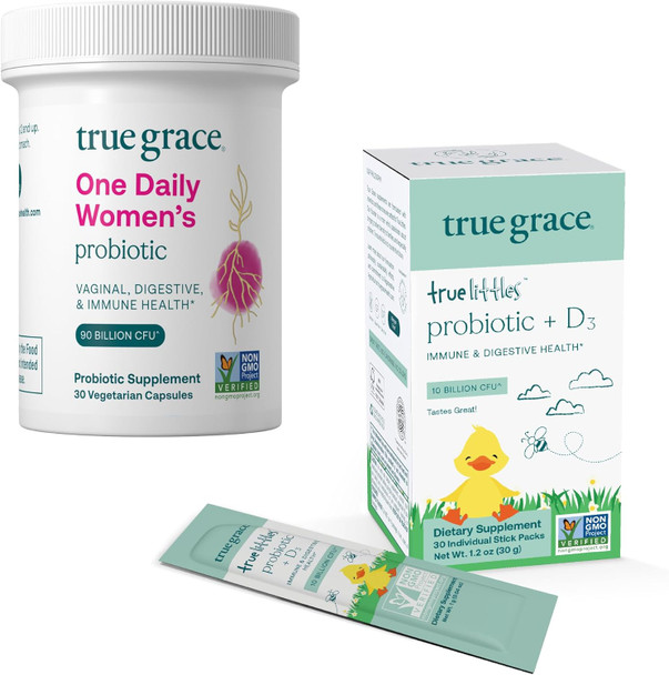 True Grace One Daily Women's Probiotic (30 Vegetarian Tablets) + True Littles Probiotic + D3 (30 Individual Stick Packs)