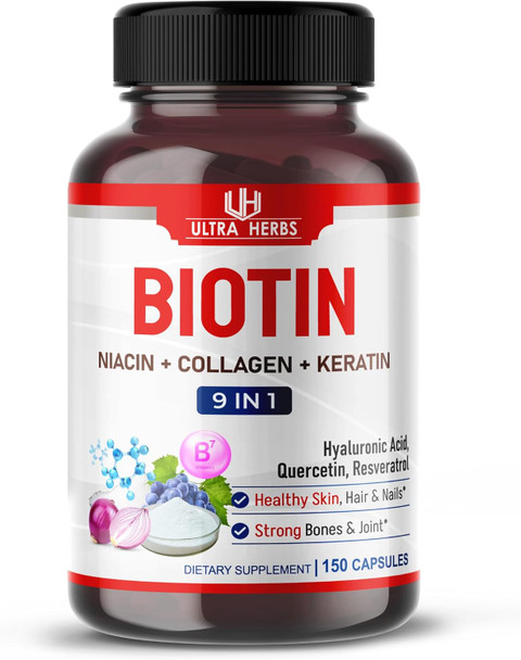 Ultra Herbs Biotin and Colagen Keratin HA Niacin Quercetin - 9 IN 1 Hair Growth Support Skin & Nails Beauty Supplement 14519mg | 150 Capsules