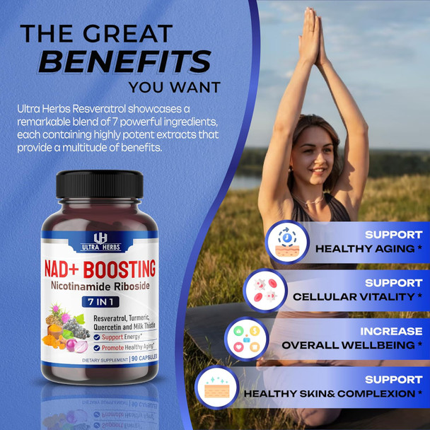 Ultra Herbs NAD+ Supplement 14300mg with Nicotinamide Riboside NR Trans Resveratrol Quercetin - Support Cellular Energy Longevity Healthy Aging USA made & tested (90 Count (Pack of 1))