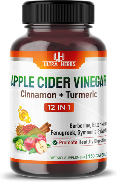Ultra Herbs Organic Apple Cider Vinegar Capsules Enhanced with Cinnamon Turmeric - Ultra Supplement for Digestive Circulatory Immunity Support | 150 Capsules