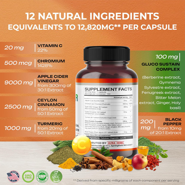 Ultra Herbs Organic Apple Cider Vinegar Capsules Enhanced with Cinnamon Turmeric - Ultra Supplement for Digestive Circulatory Immunity Support | 150 Capsules
