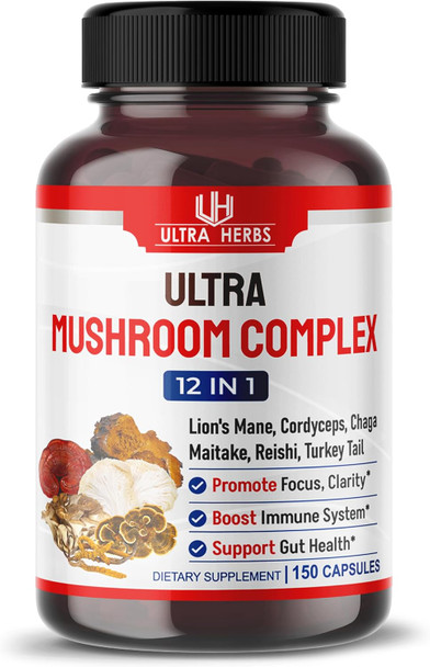 Ultra Herbs Ultra Mushroom Supplement Complex 17200MG w Lion's Mane 4000mg Cordyceps 2000mg Maitake 2000mg - 8 in 1 Mushroom Brain Supplements for Enhanced Clarity and Focus | 150 Capsules