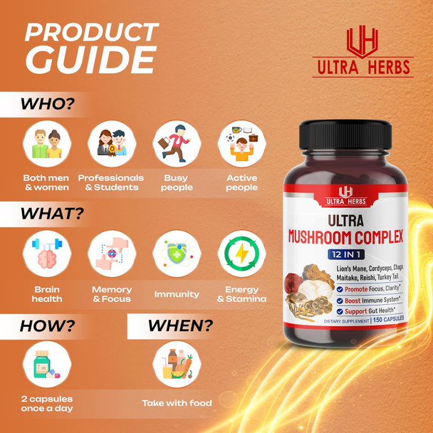 Ultra Herbs Ultra Mushroom Supplement Complex 17200MG w Lion's Mane 4000mg Cordyceps 2000mg Maitake 2000mg - 8 in 1 Mushroom Brain Supplements for Enhanced Clarity and Focus | 150 Capsules