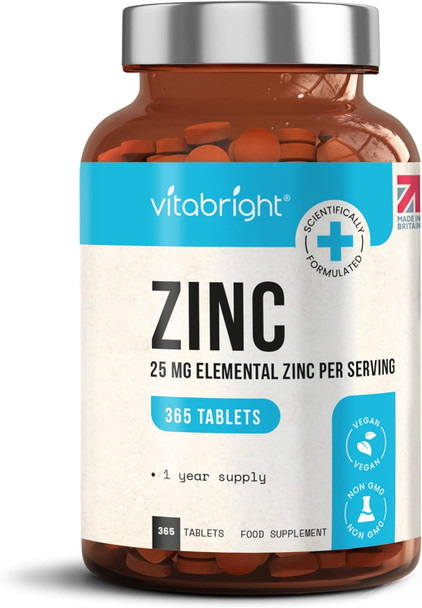‎Vitabright Zinc Supplements for Men & Women 25mg (Or Zinc 50mg from 2 Zinc Tablets) 365 Zinc Tablets High Strength Zinc Gluconate Chelated Zinc/Organic Zinc Supplement (Tablets Not Capsules/Liquid) VitaBright