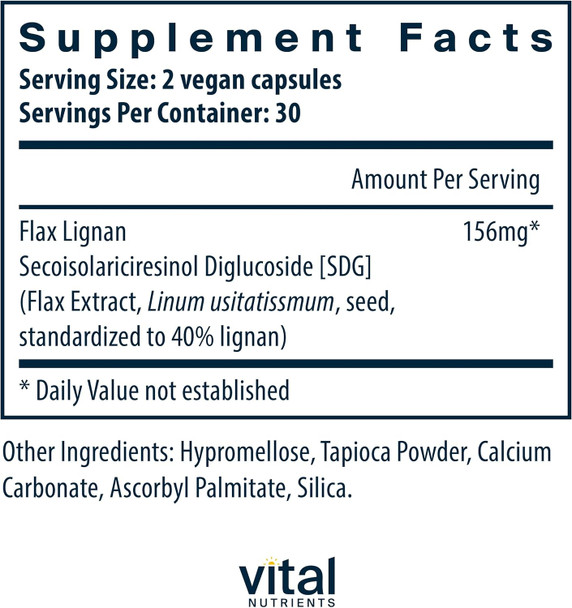 Vital Nutrients - Flax Lignan SDG - Helps Support Breast Prostate and Bone Health - 60 Vegetarian Capsules per Bottle - 156 mg