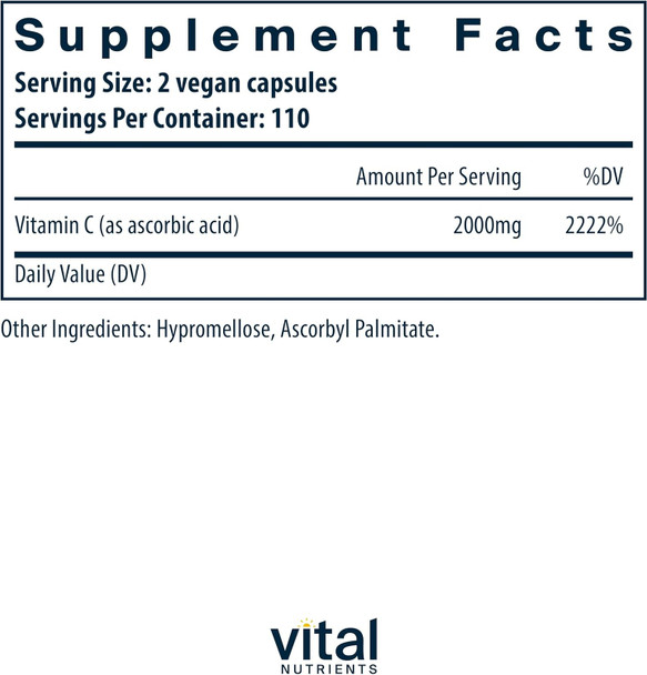 Vital Nutrients Vitamin C 1000mg (100% Pure Ascorbic Acid) | Vegan Antioxidant Supplement for Immune Support and Iron Absorption | Gluten Dairy and Soy | Non-GMO | 220 Capsules