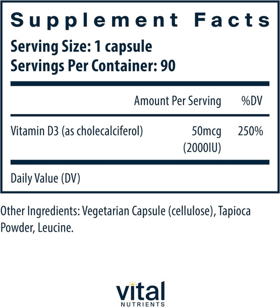 Vital Nutrients Vitamin D 2000 IU | Vitamin D3 Supplement | Healthy Bones Teeth Muscles| Cellular & Immune Function | Calcium Absorption | Gluten Dairy and Soy | 90 Capsules