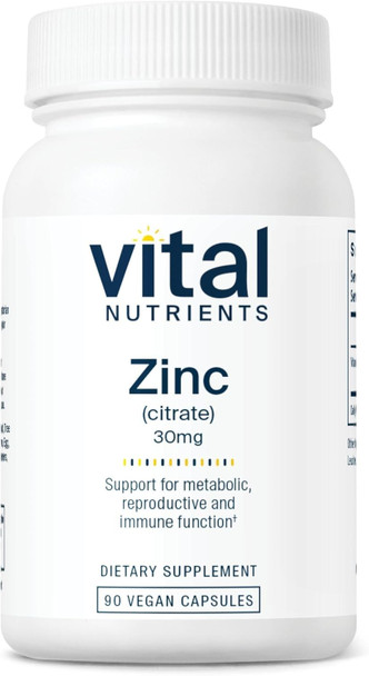 Vital Nutrients Zinc Citrate 30mg | Easily Absorbed Immune Support Supplement | Vegan Zinc Supplement | Gluten Dairy Soy | Non-GMO | 30mg | 90 Capsules
