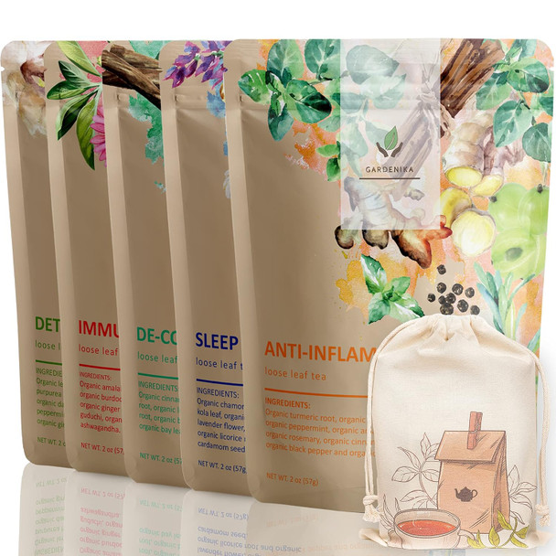 Gardenika Organic Loose Leaf Tea Sampler - Herbal Caffeine- Set - Ayurvedic Blend KSA her No Natural or Artificial Flavors (5 Pack)