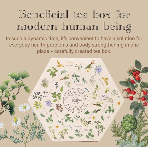 Acorus | Wellness Tea Set | Natural Assorted Tea Hamper Box Set | Herbal Tea | Large Tea Sampler Variety Pack | 60 Tea Bags | 6 Functional Teas