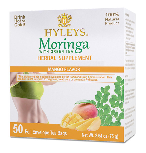 Hyleys Moringa Oleifera and Green Tea Mango Flavor - 50 Tea Bags - Superfood Miracle Tree Tea with Dried Moringa Oleifera Leaves
