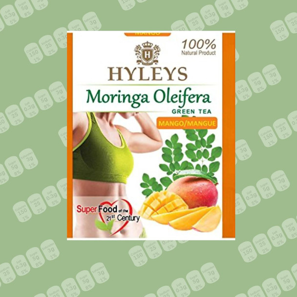 Hyleys Moringa Oleifera and Green Tea Mango Flavor - 50 Tea Bags - Superfood Miracle Tree Tea with Dried Moringa Oleifera Leaves