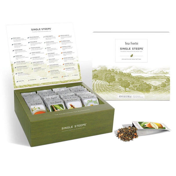 Tea Forte Single Steeps Loose Leaf Classic Tea Sampler Assorted Variety Tea Chest Box Single Serve Pouches 28 Count (Pack of 1)