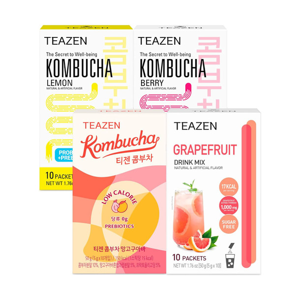 Teazen 4 Flavors 40 Sticks Variety Pack Kombucha Lemon Berry Mango Guava (30 Sticks) & Grapefruit Powdered Drink Mix (10 Sticks)