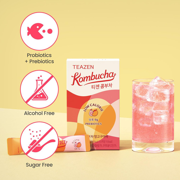 Teazen 4 Flavors 40 Sticks Variety Pack Kombucha Lemon Berry Mango Guava (30 Sticks) & Grapefruit Powdered Drink Mix (10 Sticks)