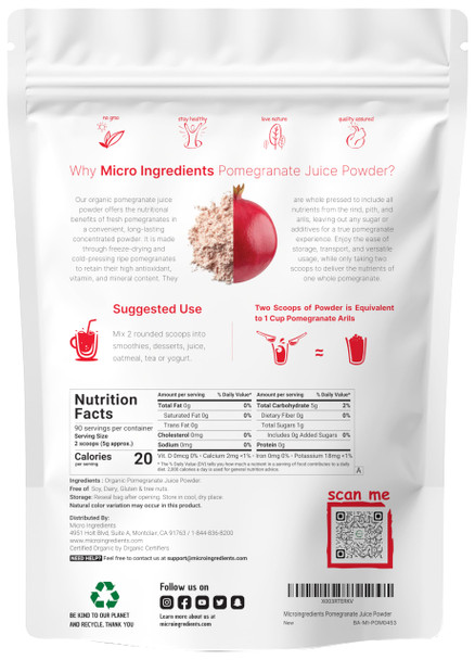 Micro Ingredients Organic Pomegranate Juice Powder Pure Pomegranate Powder Fruit ze Dried Powder Natural Vitamin C Vegan Sweetener Superfoods For Smoothies Yogurt & Shake Gluten  Non Gmo 1 Lb