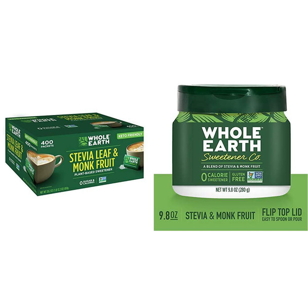 Whole Earth Sweetener Co. Whole Earth Stevia & Monk Fruit Sweetener Bundle (400 Count Packets + 9.8 Ounce Jar)