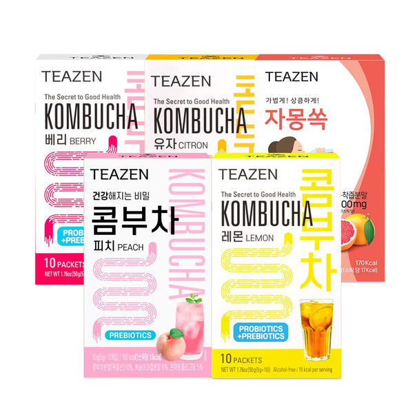 Teazen 5 Flavor 50 stick Variety Pack Kombucha Lemon Berry Citrus Peach flavor (7.05oz 40 Sticks) & Pink Grapefruit Hibiscus and Green Tea Powdered Drink Mix (1.76oz 10 Sticks)