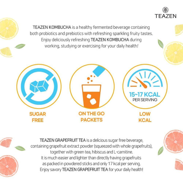 Teazen 5 Flavor 50 stick Variety Pack Kombucha Lemon Berry Citrus Peach flavor (7.05oz 40 Sticks) & Pink Grapefruit Hibiscus and Green Tea Powdered Drink Mix (1.76oz 10 Sticks)
