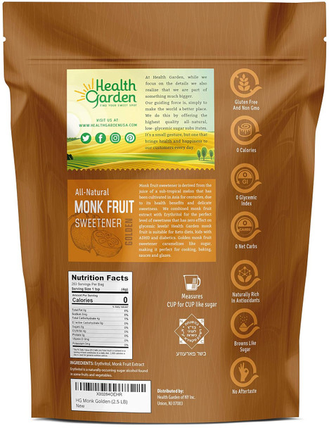 Health Garden Monk Fruit Sweetener Golden- Non Gmo - Gluten  - 1:1 Sugar Substitute - her - Keto Friendly (2.5 Lbs)