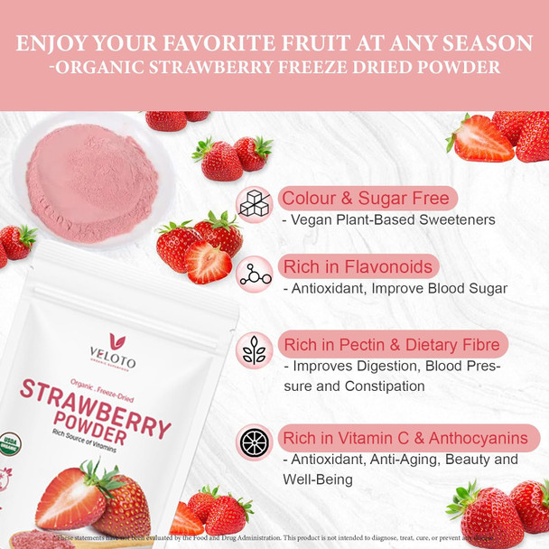 Veloto Organic Strawberry Powder Strawberry Fruit ze Dried Powder Vitamin C Supplement Natural Antioxidants Superfoods For Smoothie & Beverage Blend Vegan Non-Gmo Gluten- 12 Oz