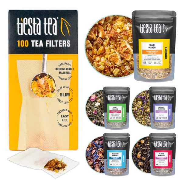 Tiesta Tea - Loose Leaf Starter Kit | Premium Starter Kit Sampler | High to Non Caffeinated | Make Hot & Iced Tea | Starter Kit with Black Green Herbal Tea Sample Bags and 100 Disposable Tea Filters