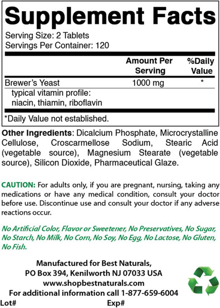 Best Naturals Brewers Yeast 500mg 240 Tablets (1000mg Serving) - 3rd Party Lab Tested for Quality & Purity