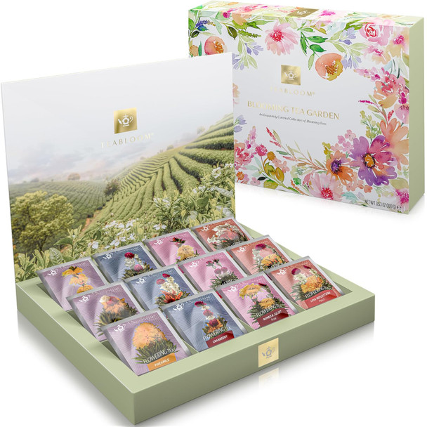 Teabloom Flowering Tea Chest - Curated Collection of 12 Gourmet Flowering Teas - Packaged in Beautiful -Ready Tea Box