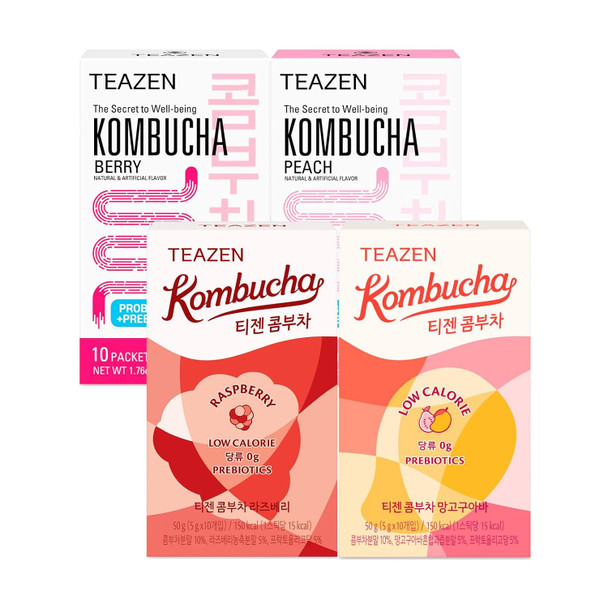 Teazen Kombucha 4 Flavors 40 Sticks Variety Pack Kombucha Berry Raspberry Peach Mango Guava (40 Sticks)