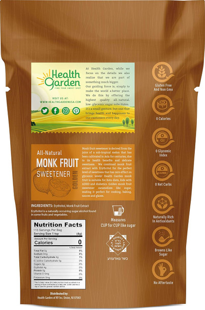 Health Garden Monk Fruit Sweetener Golden- Non Gmo - Gluten  - Sugar Substitute - her - Keto Friendly (1 Lb)